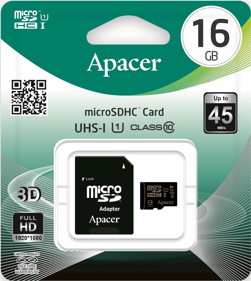 Карта пам'яті Apacer 16GB microSDHC C10 UHS-I + SD