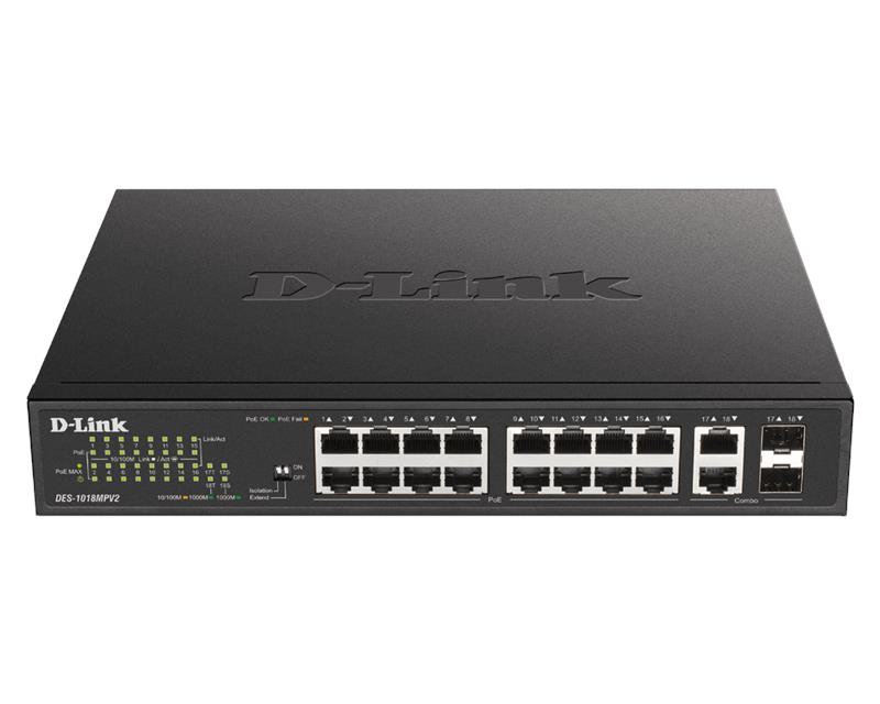 Комутатор D-Link DES-1018MPV2 16xFE PoE, 2xSFP/GE, 246W