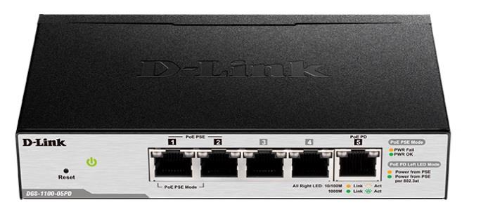Комутатор D-Link DGS-1100-05PD 5xGE, (2xGE, 2xGE PoE, 1xGE PD), EasySmart
