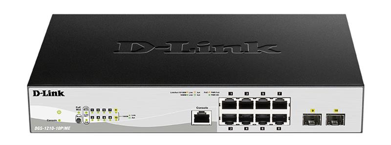 Комутатор D-Link DGS-1210-10P/ME/B 8xGE PoE, 2xSFP, Metro Ethernet