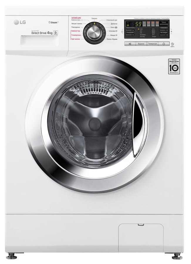 Пральна машина з фронт. завант. LG F1096SDS3, 4кг, 1000, A++, Пара, глибина 36см, Дисплей, Білий