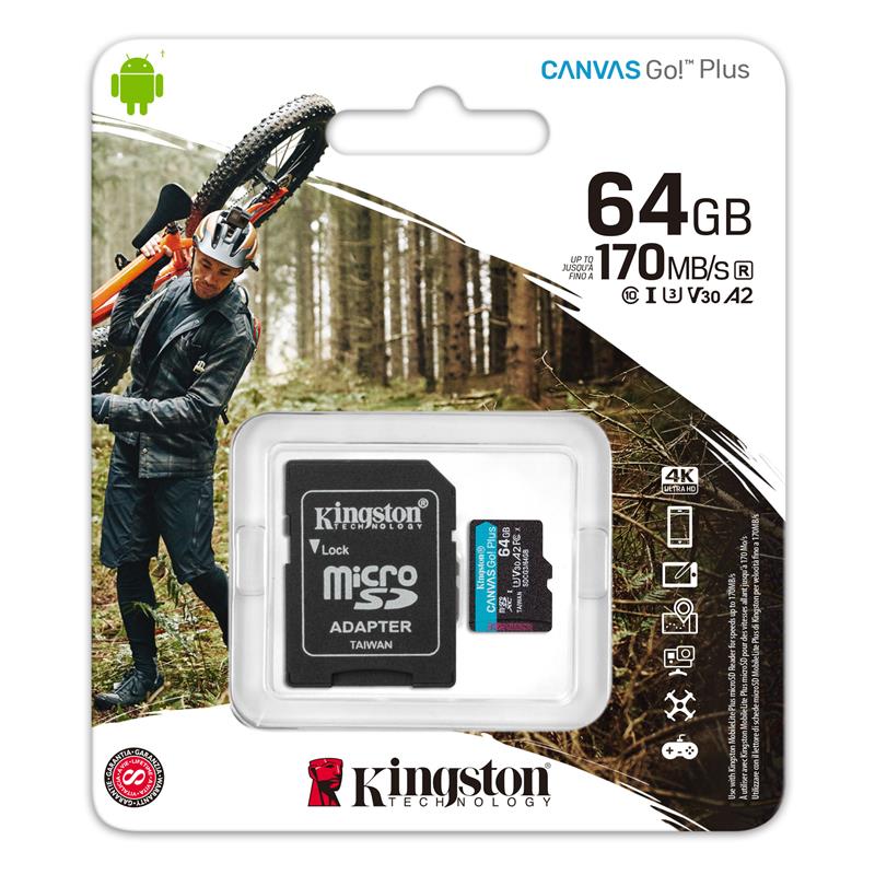 Карта пам'яті Kingston 64GB microSDXC C10 UHS-I U3 A2 R170/W90MB/s Canvas Go Plus + SD адаптер