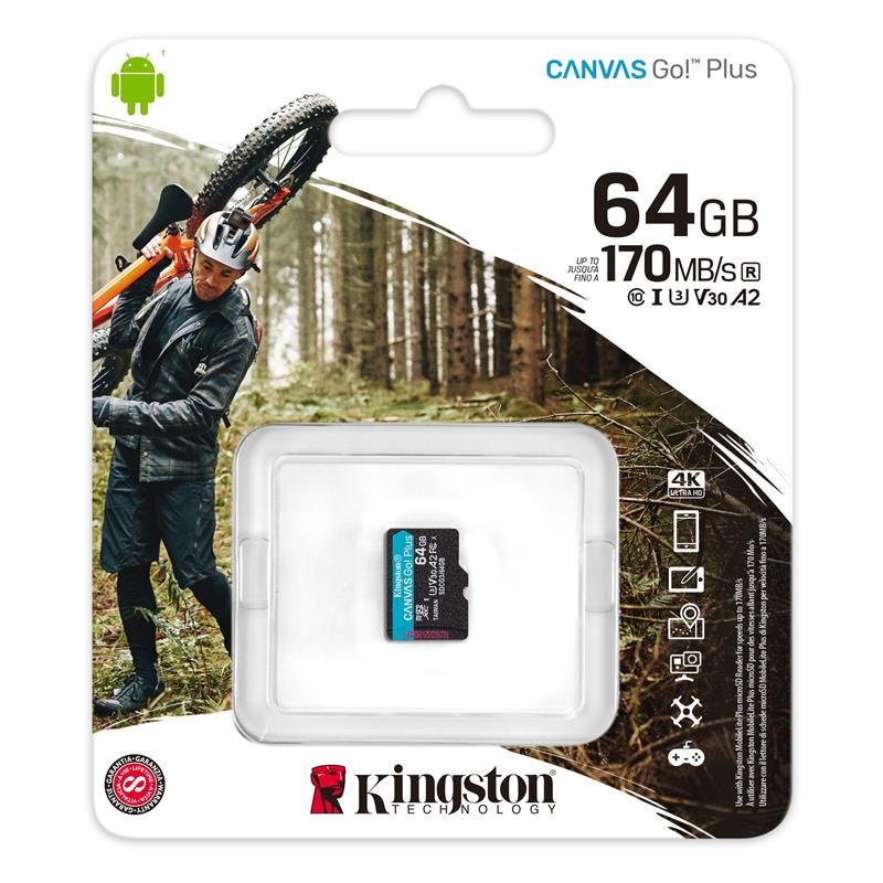 Карта пам’яті Kingston 64GB microSDXC C10 UHS-I U3 A2 R170/W70MB/s Canvas Go Plus