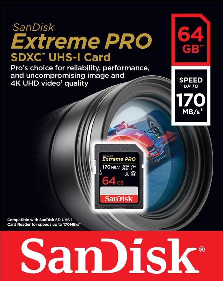 Карта пам'ятi SanDisk 64GB SDXC C10 UHS-I U3 R170/W90MB/s Extreme Pro