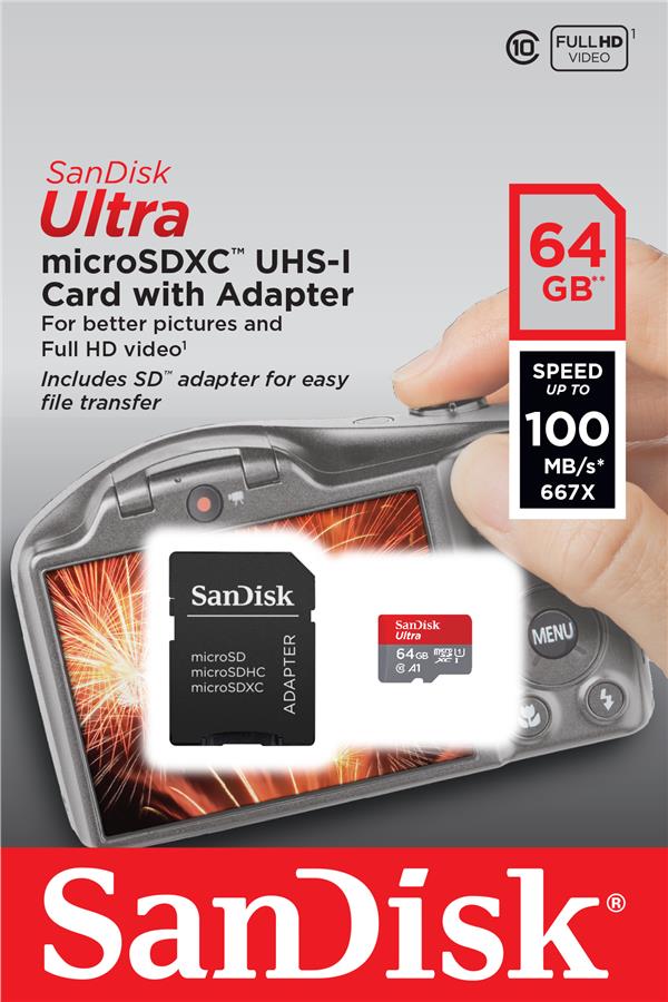 Карта пам'ятi SanDisk 64GB microSDHC C10 UHS-I R100MB/s Ultra + SD