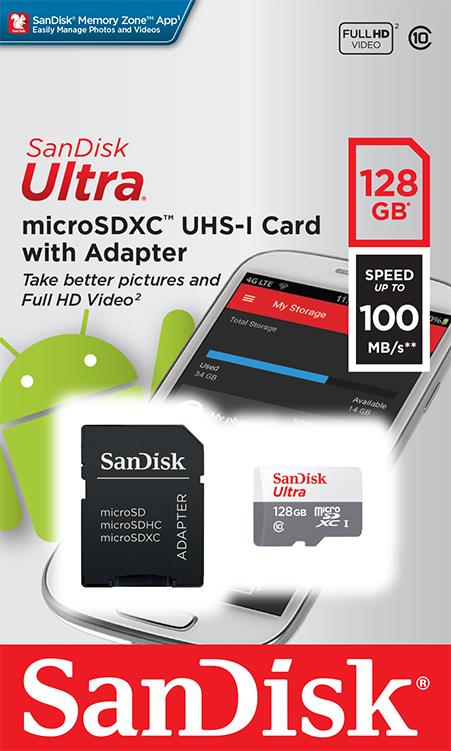 Карта пам'ятi SanDisk 128GB microSDHC C10 UHS-I R100MB/s Ultra + SD