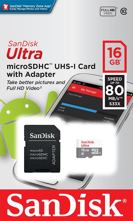 Карта пам'ятi SanDisk 16GB microSDHC C10 UHS-I R80MB/s Ultra + SD