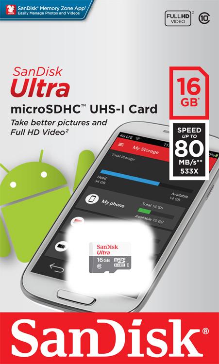 Карта пам'ятi SanDisk 16GB microSDHC C10 UHS-I R80MB/s Ultra