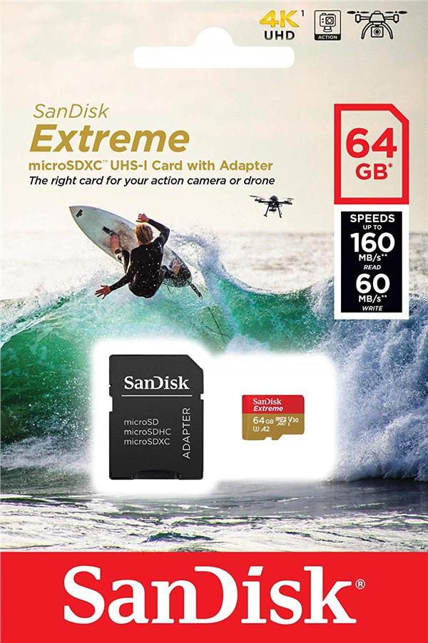Карта пам'ятi SanDisk 64GB microSDXC C10 UHS-I U3 R160/W60MB/s Extreme V30 + SD