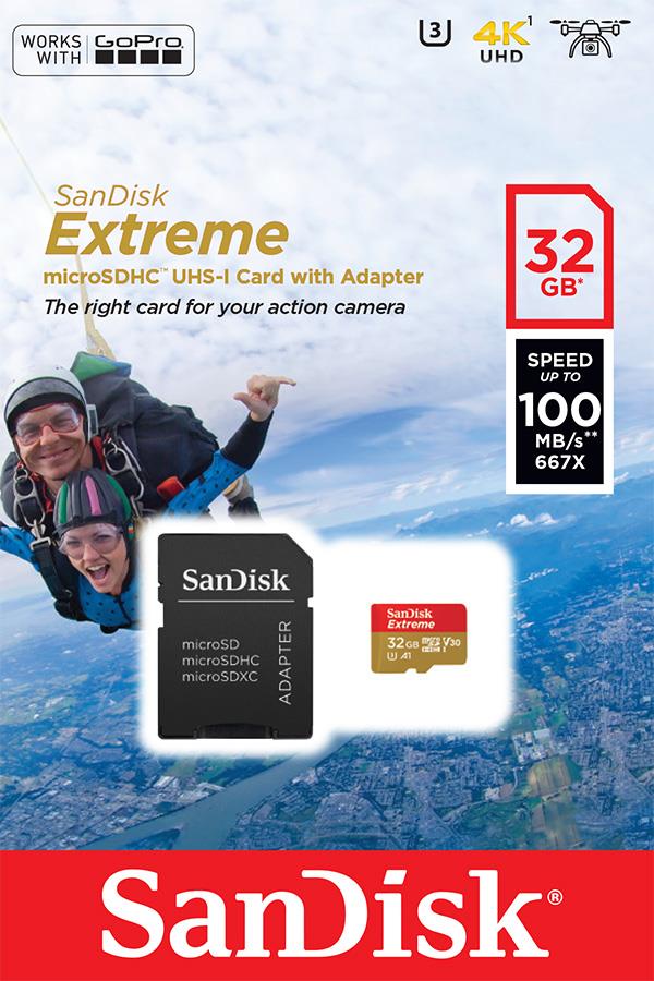 Карта пам'ятi SanDisk 32GB microSDHC V30 UHS-I U3 R100/W60MB/s Extreme Action + SD