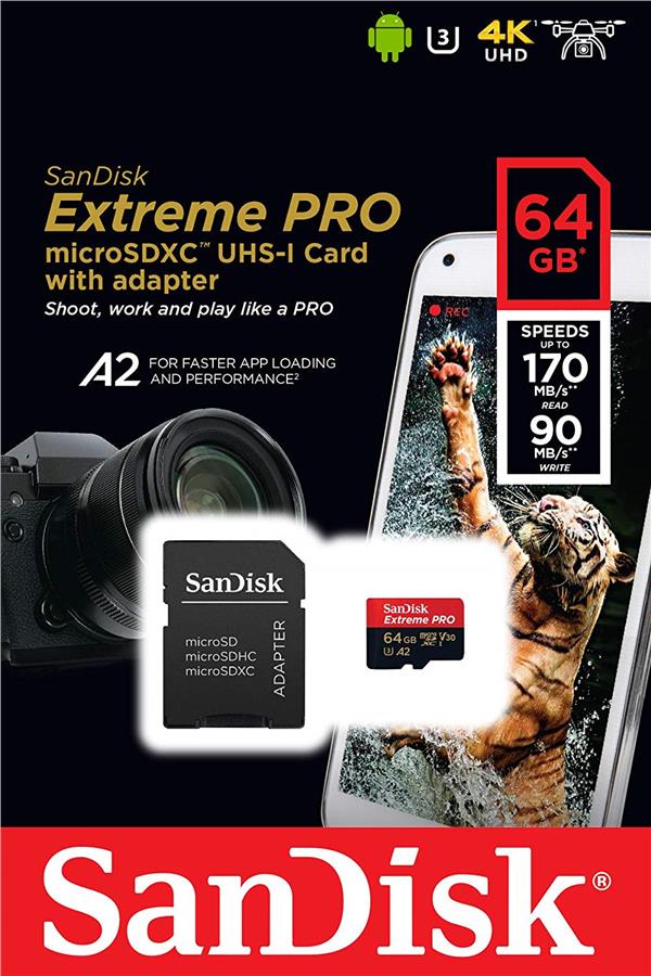 Карта пам'ятi SanDisk 64GB microSDXC C10 UHS-I U3 R170/W90MB/s Extreme Pro V30 + SD