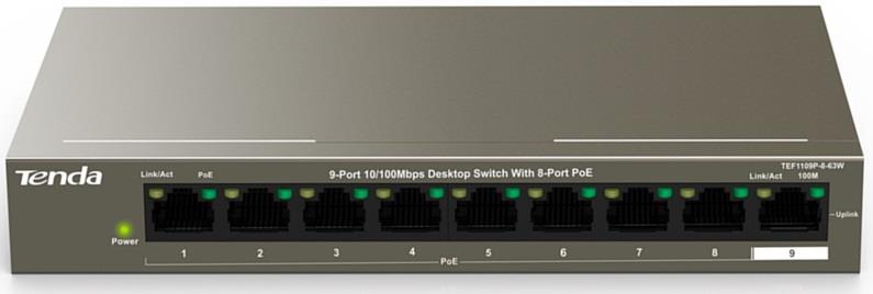 Комутатор TENDA TEF1109P-8-63W 8xFE PoE, 1xFE Uplink